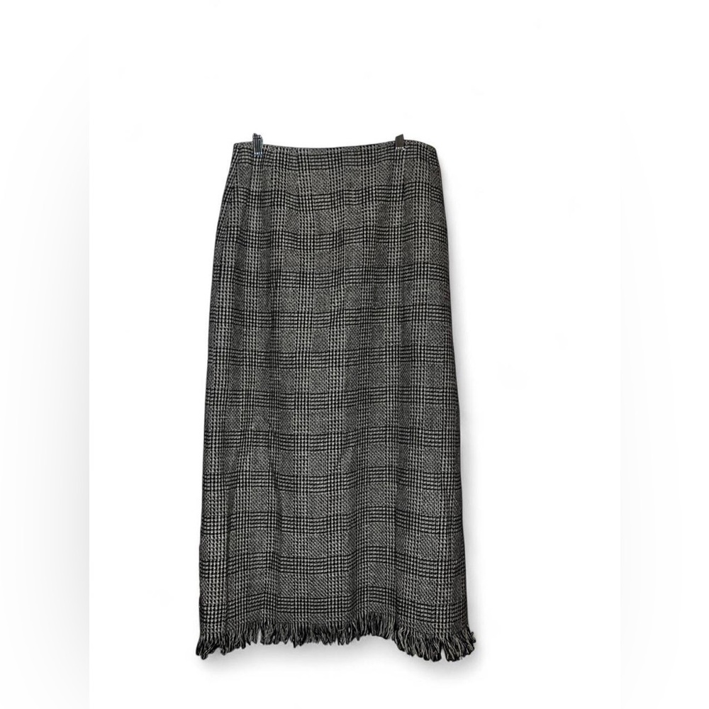 Harve Bernard black & white wool plaid maxi skirt with fringe.